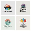 Four vibrant logos featuring fitness wellness spirituality and children\'s day elements in modern graphic design styles Royalty Free Stock Photo