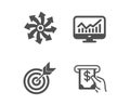 Versatile, Statistics and Target icons. Atm service sign. Multifunction, Financial report, Targeting. Vector