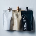 Versatile trio of colorful stand up pouches with matching caps for sleek packaging