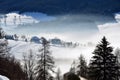 Snowy winter landscape with farmhouses at Attersee, Austria, Europe