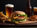 Delicious And Flavorful Burger with a Side of Crispy Fries And Chilled Beer On wooden tTble Royalty Free Stock Photo