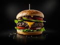 Delicious Meat Burger With Melted Cheese Fresh Vegies And tomato Slices In Dark Background