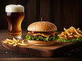 Meat Burger With Fries And Beer On wooden Table Royalty Free Stock Photo