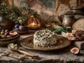 Traditional Roman Moretum displayed with rustic figs olives spelt bread Royalty Free Stock Photo