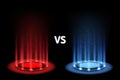 Versus battle. Portal magic with neon blue and red lightning. Realistic light effect with beams. 3D futuristic teleport