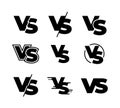 Versus black logos. Challenge VS sign, sport match competition black isolated icons, fight game signs. Vector versus