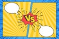 Versus comic frame. Vs comics book clash frames with cartoon text speech bubbles on halftone stripes background vector template. Royalty Free Stock Photo