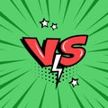 Versus. Comic red VS word with lightning on green background in pop art. Vector