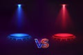 Versus concept. Glowing pedestal hologram, game match VS background, MMA competition contest. Vector versus template