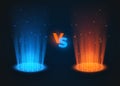 Versus glowing spotlight red and blue colors. VS battle scene with rays and sparks. Abstract hologram. vector illustration