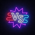 Versus neon sign. Neon symbol, icon, logo design template confrontation. Light banner, bright night advertising. Vector