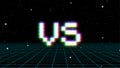 Versus sign with arcade game style with pixel letters over synthwave landscape. 80s styled VS emblem for competition