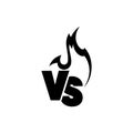 Versus sign surrounded by flames. Black and white symbol.