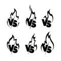 Versus sign surrounded by flames. Black and white symbol.