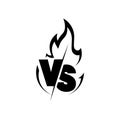 Versus sign surrounded by flames. Black and white symbol.