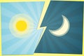 Versus VS Background Sun vs moon on the gap blue background of lines rays Creative template icon sun and moon battle day versus Royalty Free Stock Photo