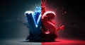 Versus VS sign.Splashes of red and blue paint in a vertical stripe with copyspace.