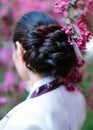 Vertial picture of traditional Korean hairstyle for festive occasions. A girl dressed in a classic ethnic dress standing next to a