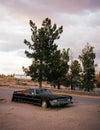 Vertical of an abandoned vintage black Chevy Impala car next to a tree in Las Cruces city Mexico