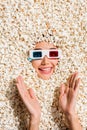 Vertical above view photo of positive cheerful lady toothy smile watch movie 3d glasses arms clapping face isolated on
