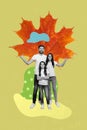 Vertical abstract composite photo collage of happy good mood family standing under big leaf cover from rain isolated Royalty Free Stock Photo