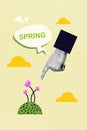 Vertical abstract creative photo collage of large finger indicating at flower announcing springtime isolated yellow