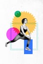 Vertical abstract photo collage poster of motivated calm sportswoman do exercise fitness warmup at gym bodycare on