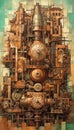 Vertical abstract steampunk background. Generative AI