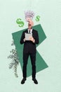 Vertical absurd collage of headless smart money financier businessman hold tablet find more commerce projects isolated Royalty Free Stock Photo