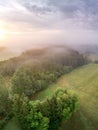 Vertical aerial of Riserva Naturale della Marcigliana, tree lines, meadow, foggy sunset background