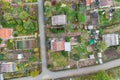 Vertical aerial view of an allotment garden with huts, paths and vegetable beds.