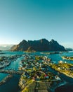 Vertical aerial view of a cityscape on the islands in Henningsvaer, Norway