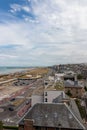 Vertical aerial view of Dieppe coast in Normandy, France. Cloudy sky.