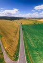 Vertical aerial view of green and yellow harvest fields with tractor and beautiful road. Czech Republic