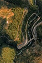 Vertical aerial view of roads in a canyon in Greece Royalty Free Stock Photo
