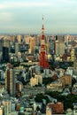 Vertical aerial view of Tokyo City with the famous red Tokyo Tower under a blue sky Royalty Free Stock Photo