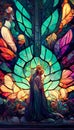 Vertical AI generated hyper-realistic illustration of colorful stained glass