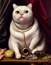 Vertical AI-generated illustration of a furry royal cat with a golden necklace posing for a portrait