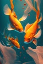Vertical AI illustration of three goldfish swimming in water