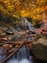 Vertical Amazing Landscape With Waterfall And Colorful Autumn Forest. Autumn Forest Landscape With Beautiful Cold Creek. Enchanted