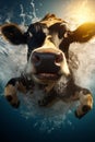 Vertical. Amusing cow swimming underwater in comical scene, cute farm animal submerged in water