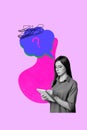 Vertical art trend collage of serious girl think solution bubble question mark decision idea finding write pencil Royalty Free Stock Photo
