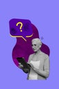 Vertical art trend collage of serious old woman think solution hold ereader bubble question mark decision idea finding Royalty Free Stock Photo