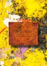 Vertical artsy shot of a brown square on a messy yellow surface