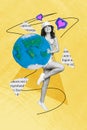 Vertical artwork collage artwork image picture of funky positive girl hold big planet dream travel around world isolated