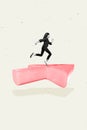 Vertical artwork collage banner of excited young girl happy running in correct way 3d arrow pointer isolated on gray