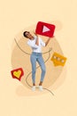 Vertical artwork collage of excited person hands hold start play youtube icon button receive comment like notification Royalty Free Stock Photo