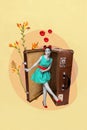 Vertical artwork collage of lady in blue dotted dress boogie woogie party as tourist inside vintage valise isolated on