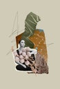 Vertical artwork collage picture of young lady minded sitting between flora and fauna environment isolated on gray color