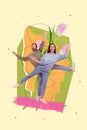 Vertical artwork collage of two excited overjoyed partners dancing big tulip flower isolated on painted background